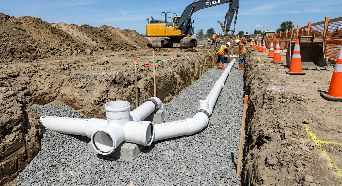 New PVC sewer pipe installation in open trench for Grease Trap Cleaning in Antigo