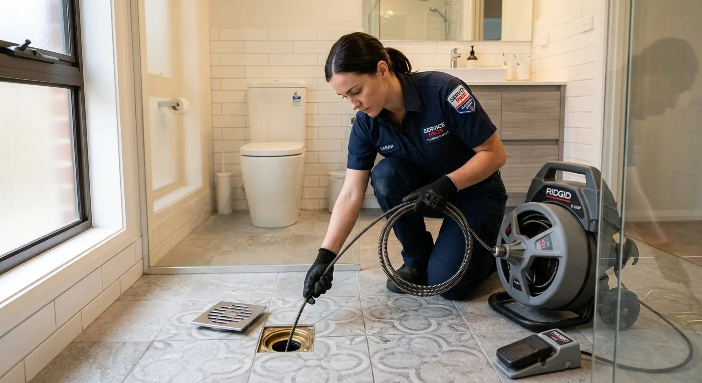 Technician clearing a bathroom floor drain for Sewer Line Installation in Antigo